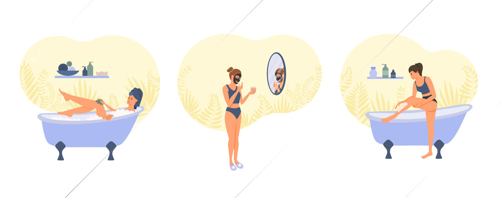 Set of three isolated home beauty routine flat compositions with female characters taking care of body vector illustration