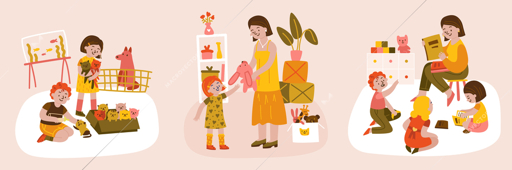 Volunteer design concept with three isolated compositions of kids with animals toys and adult nursery teachers vector illustration