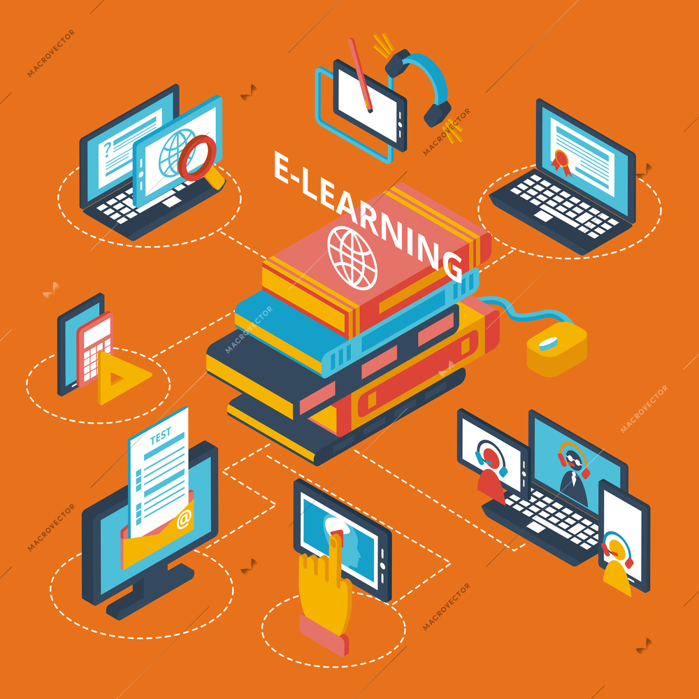 E-learning isometric decorative icons set with laptop tablets and books vector illustration