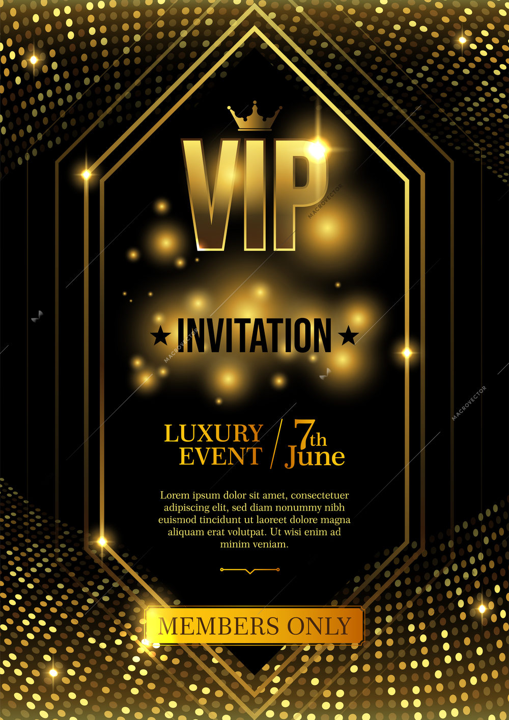 Vip club party premium vertical poster with shiny golden dots and frame with editable text date vector illustration