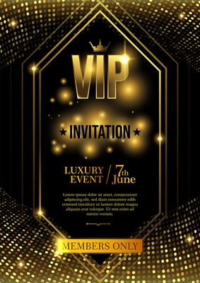 Vip club party premium vertical poster with shiny golden dots and frame with editable text date vector illustration