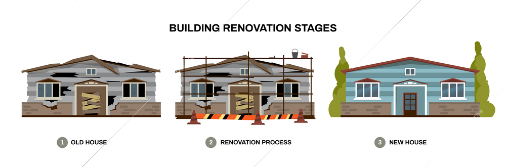 Reconstruction building composition with isolated images of houses under renovation with construction facilities and text captions vector illustration