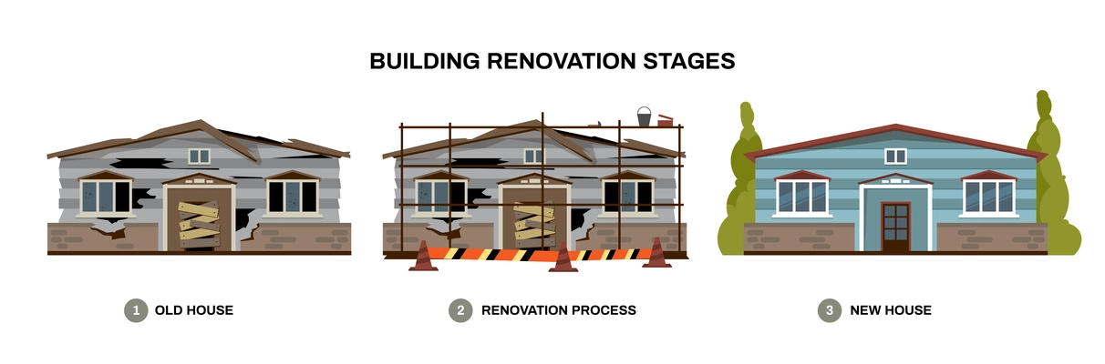 Reconstruction building composition with isolated images of houses under renovation with construction facilities and text captions vector illustration