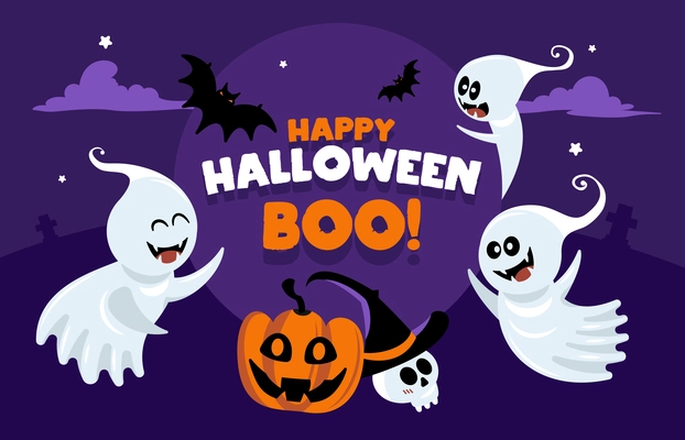 Ghost horizontal poster with composition of cartoon pumpkin head and flying characters with night sky scenery vector illustration