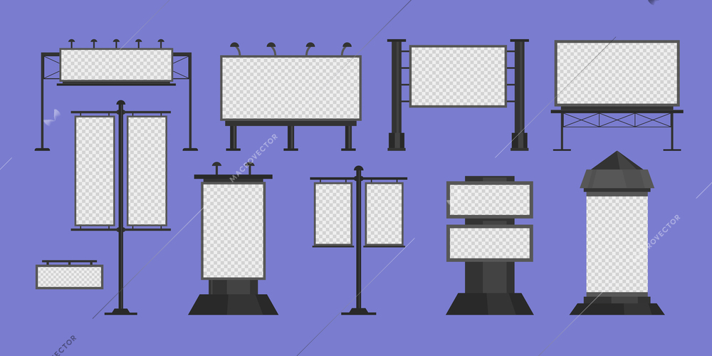 Billboard advertising transparent set of isolated icons with posts and stands with empty place for ads vector illustration