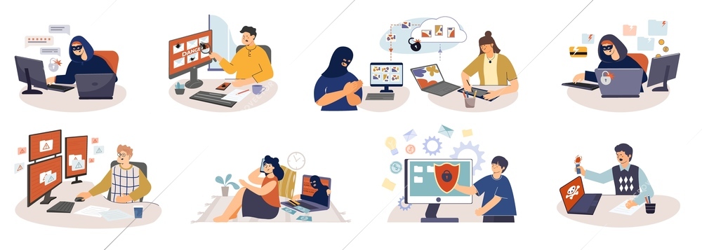 Set of flat isolated computer people danger compositions with characters of cyber thieves and frightened users vector illustration