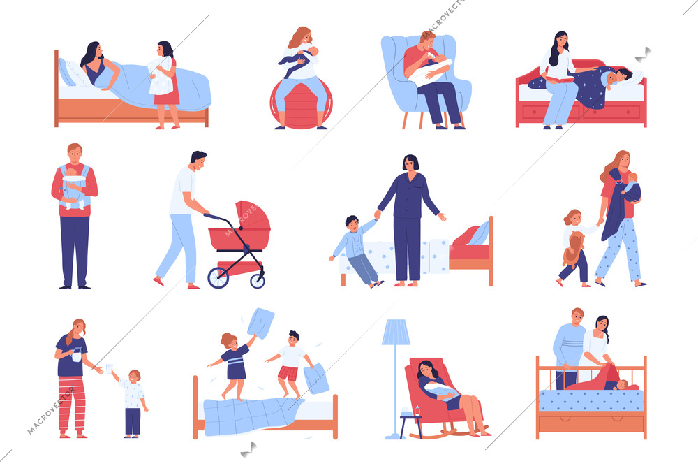 Time to sleep flat set of parents putting their children to bed and unruly kids in pajamas jumping on unmade bed isolated vector illustration