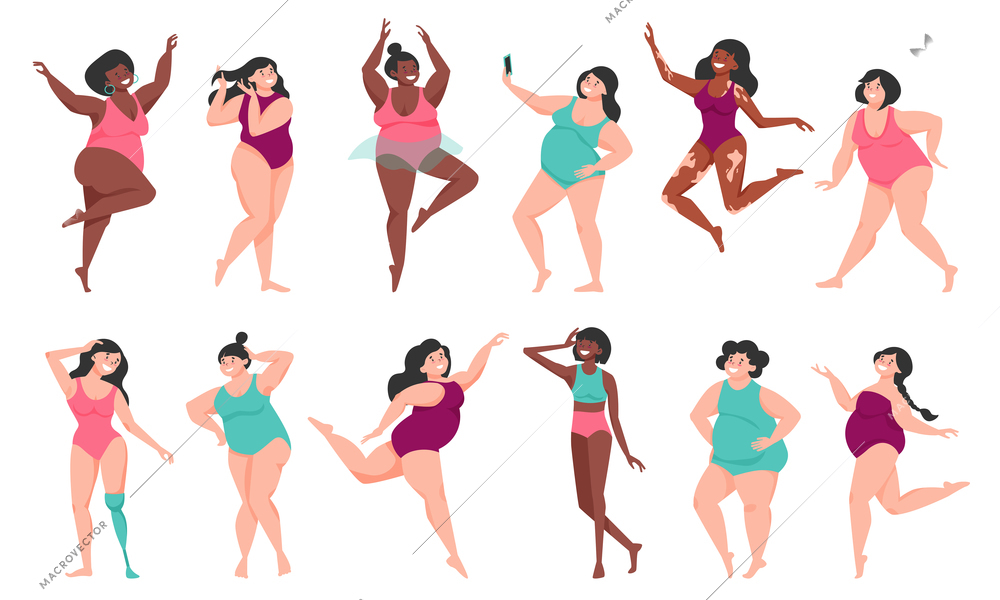 Body positive color icon set women standing in swimsuits with different weight and skin color are equally beautiful and happy vector illustration