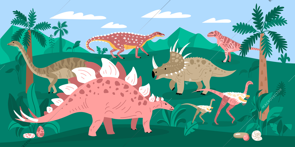 Dinosaurs composition with outdoor landscape wild jungle with palms mountains and walking reptiles of different kind vector illustration