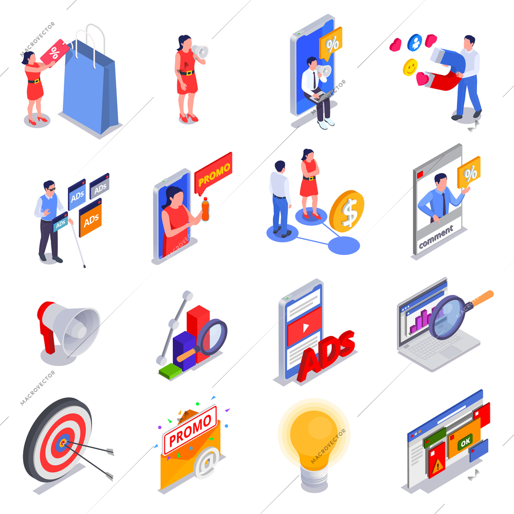 Marketing technologies isometric icon set girl in a red dress and bag from sale with loudspeaker in his hands promotional products man with magnet and bargain vector illustration