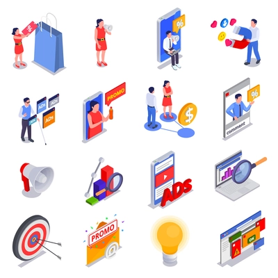 Marketing technologies isometric icon set girl in a red dress and bag from sale with loudspeaker in his hands promotional products man with magnet and bargain vector illustration