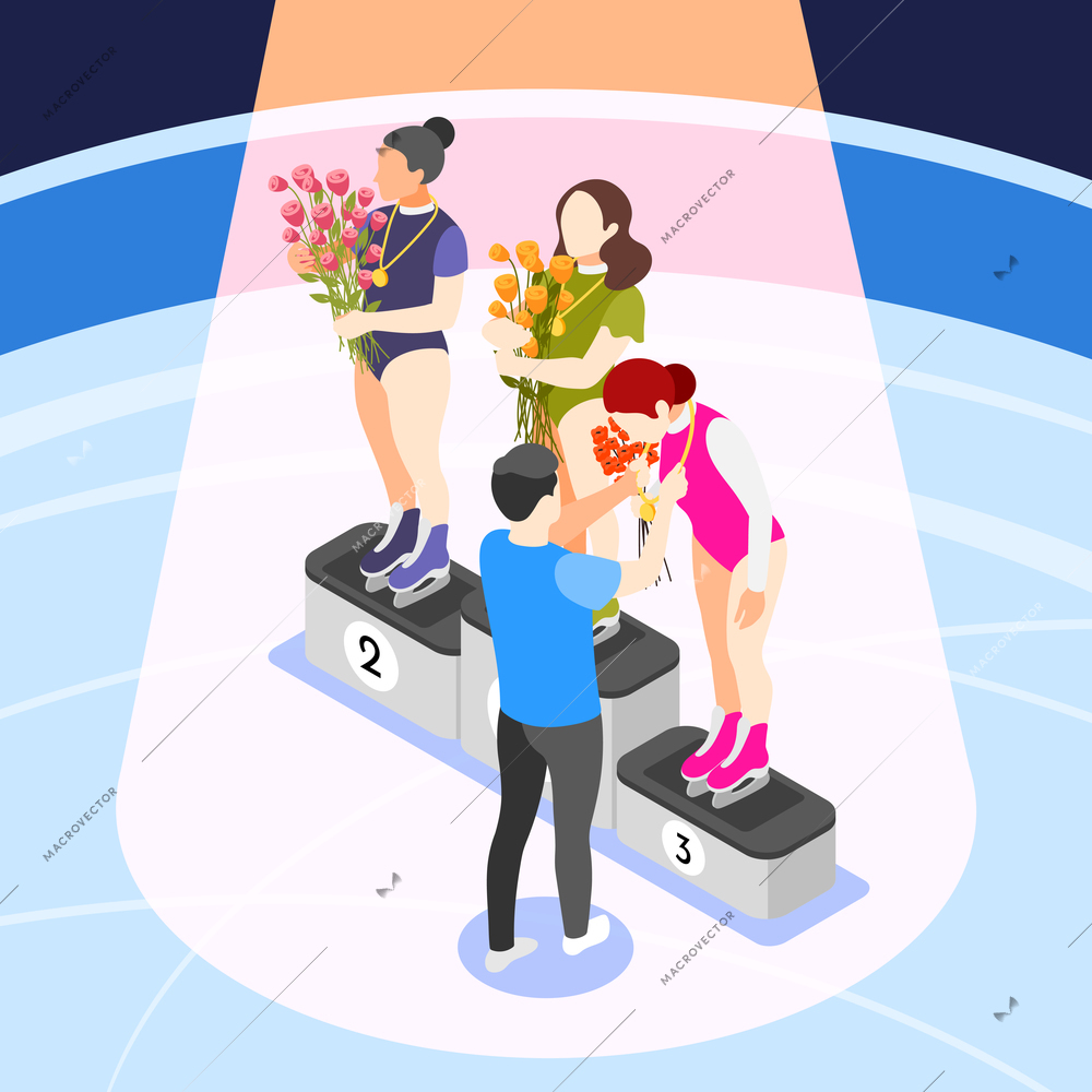 International olympic day isometric background with human characters of female athletes with flowers on winners podium vector illustration