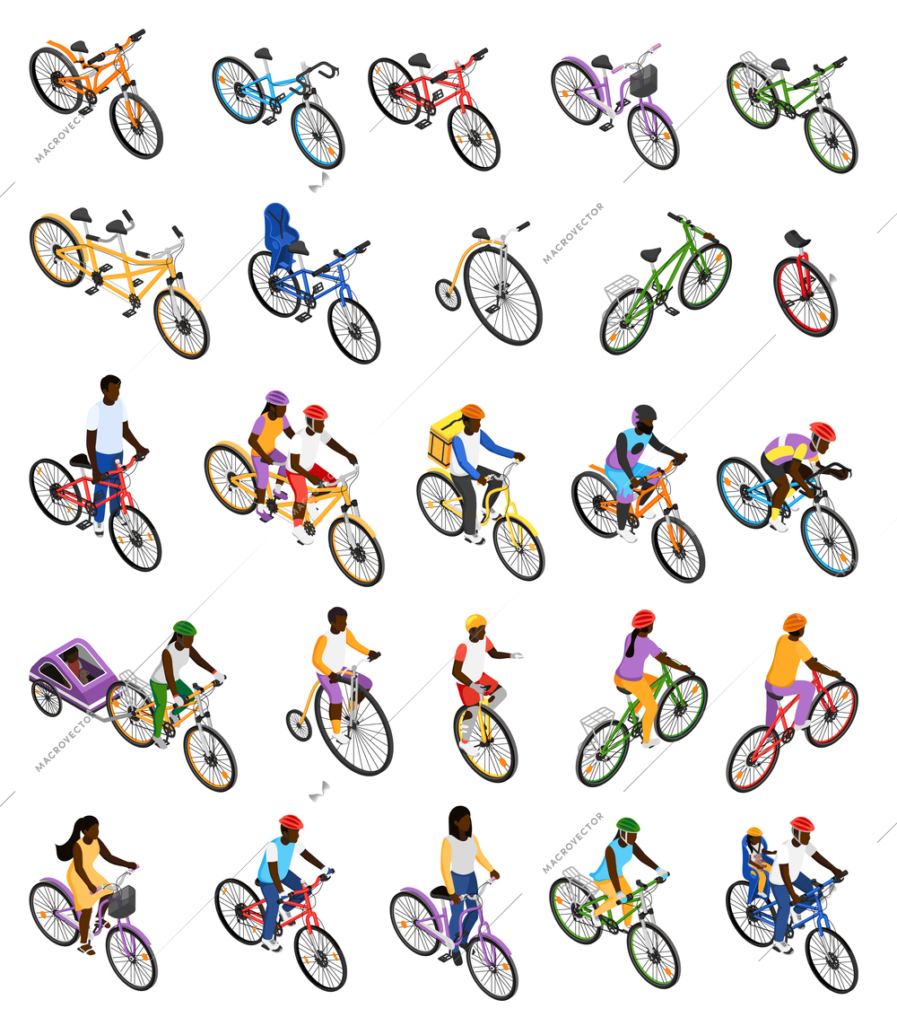 Isometric icons set with modern tandem high wheel bicycles unicycle and men women sportsmen courier riding bikes isolated vector illustration