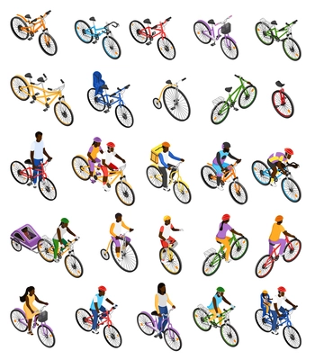 Isometric icons set with modern tandem high wheel bicycles unicycle and men women sportsmen courier riding bikes isolated vector illustration