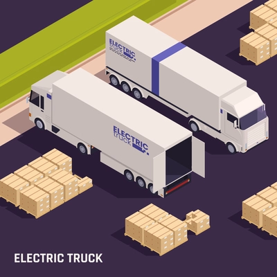 Modern heavy duty electric trucks distribution facility loading unloading area with cargo boxes containers isometric vector illustration