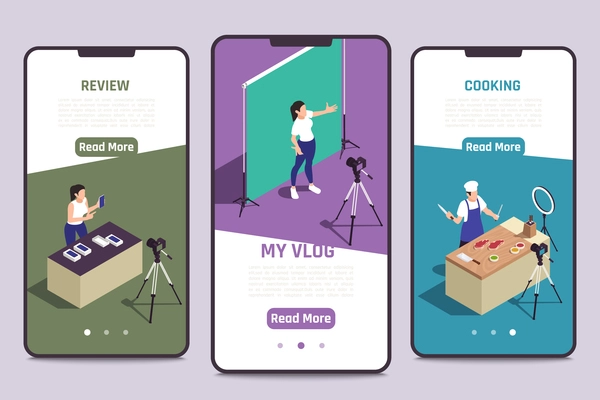 Blogger mobile device video editing apps 3 isometric smartphone screens with cooking vlogger presentation review vector illustration