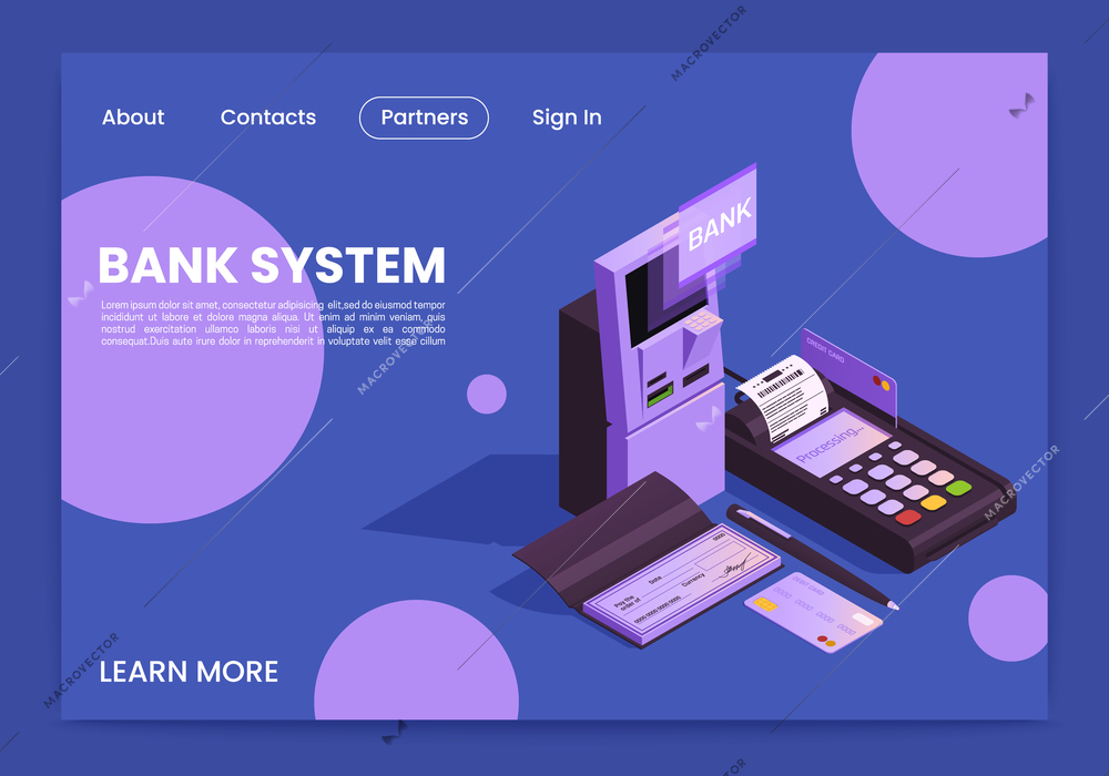 Online bank system landing page isometric background website with credit card payment terminal accounting tools vector illustration