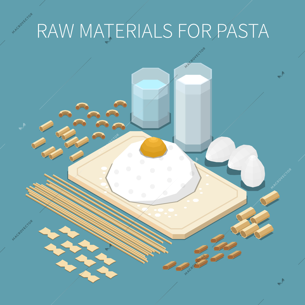 Macaroni pasta production square isometric composition with raw materials for pasta description vector illustration