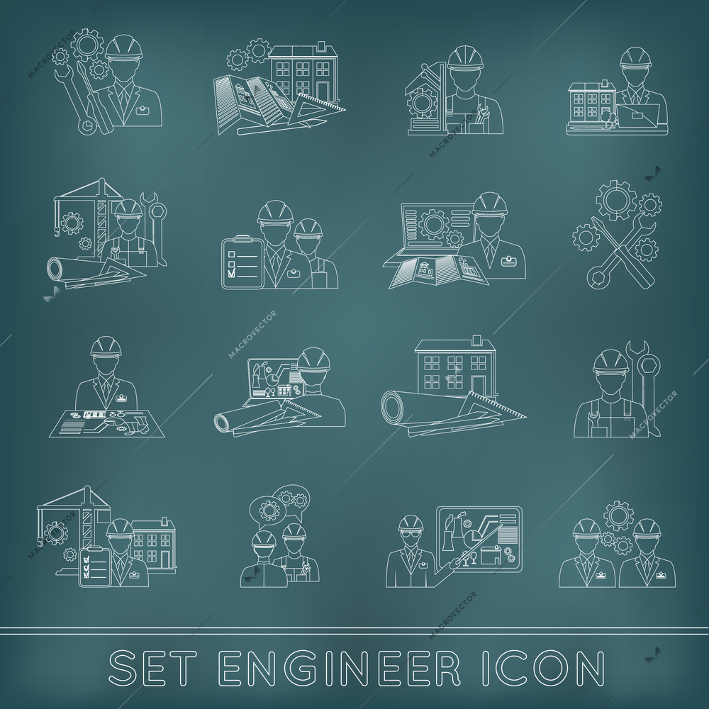 Engineer construction equipment industrial process technician workers with fixing tools icons outline set isolated vector illustration