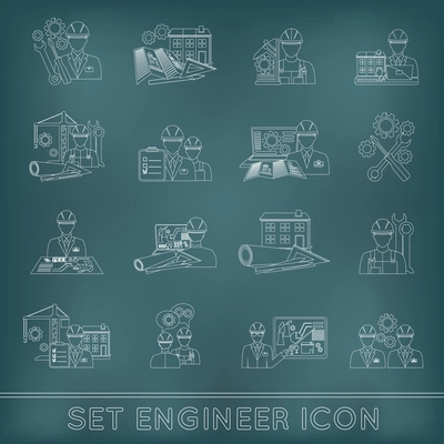 Engineer construction equipment industrial process technician workers with fixing tools icons outline set isolated vector illustration