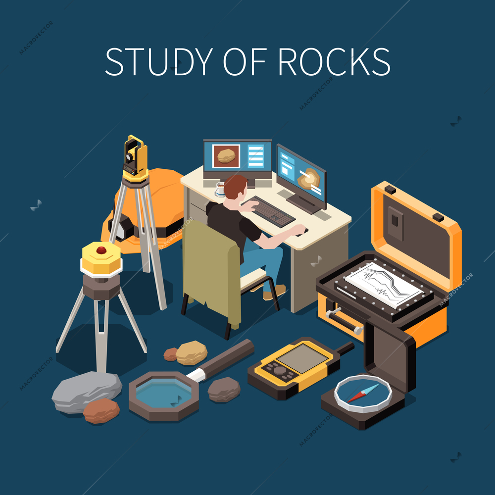 Geology earth exploration colored and isometric composition with study of rocks description vector illustration