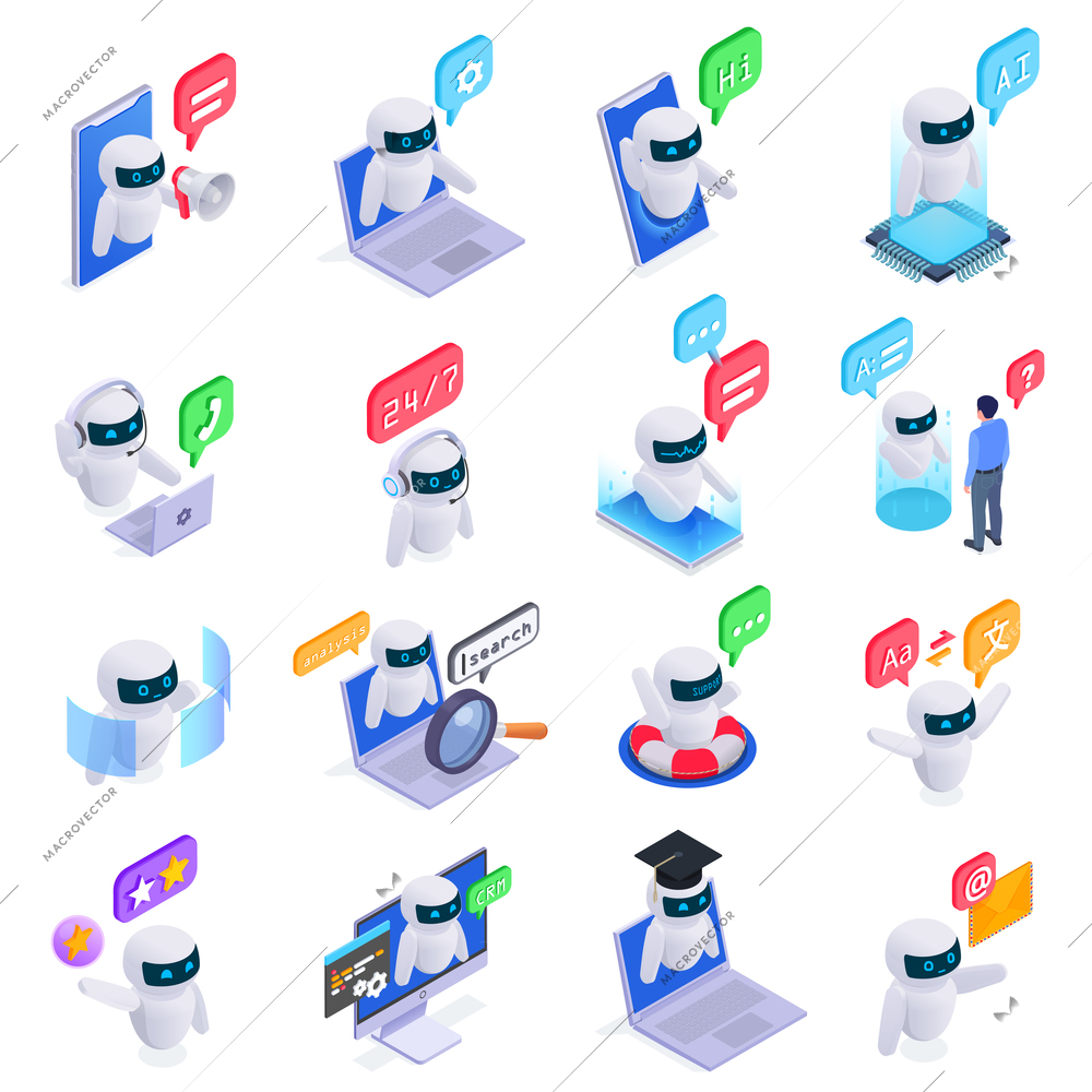 Chatbot messenger icons set with technical support symbols isometric isolated vector illustration