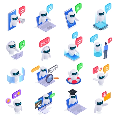 Chatbot messenger icons set with technical support symbols isometric isolated vector illustration