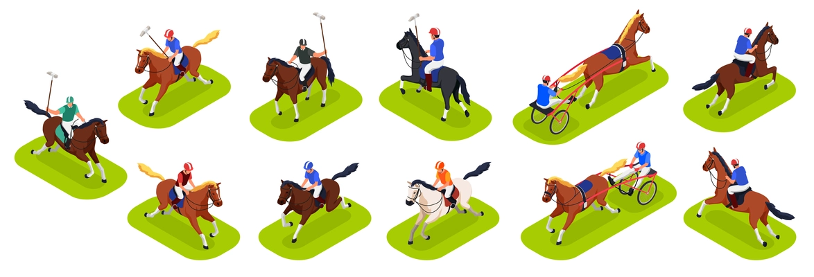 Equestrian sport concept set with horse racing and riding symbols isometric isolated vector illustration