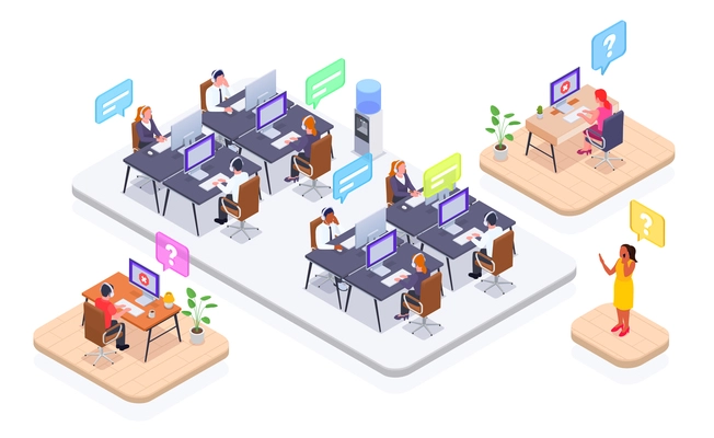 Call center concept set with technical support line symbols isometric isolated vector illustration