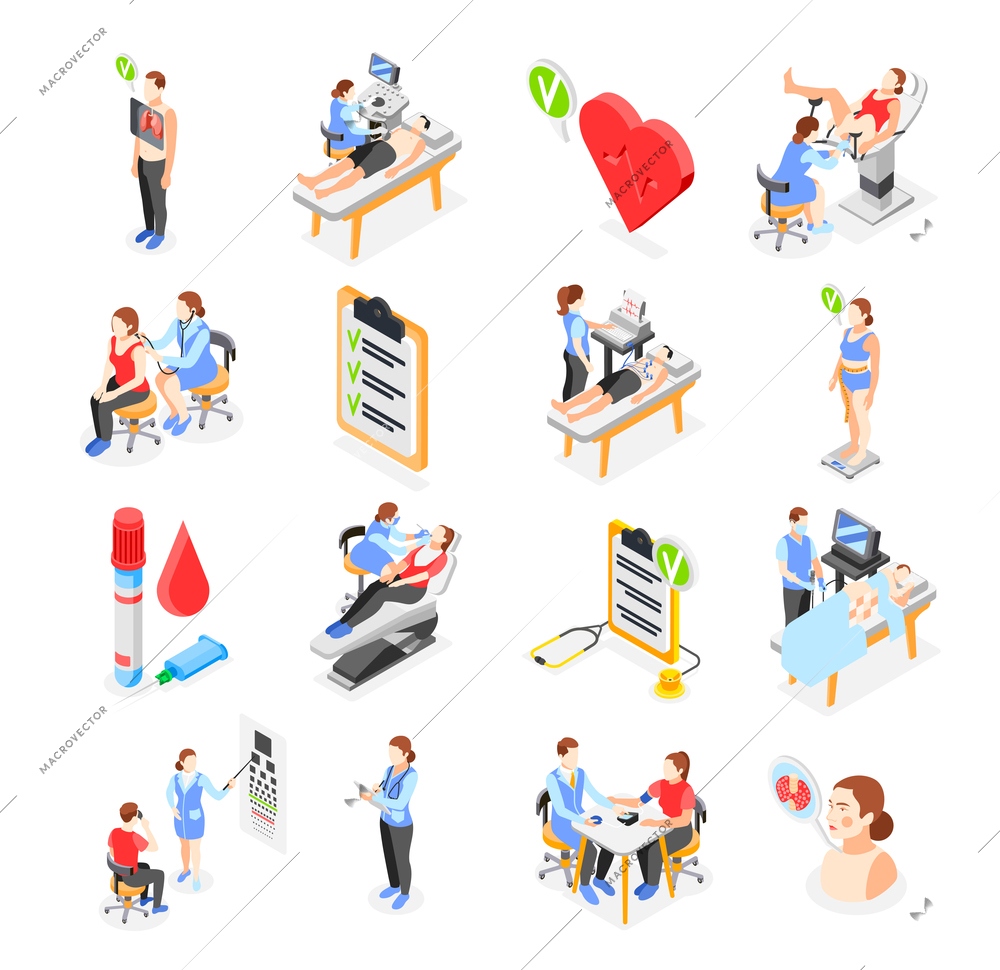 Health checkup set with human characters of doctors patients and medical equipment 3d isometric isolated vector illustration