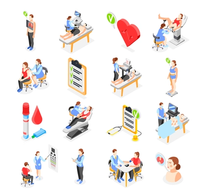 Health checkup set with human characters of doctors patients and medical equipment 3d isometric isolated vector illustration