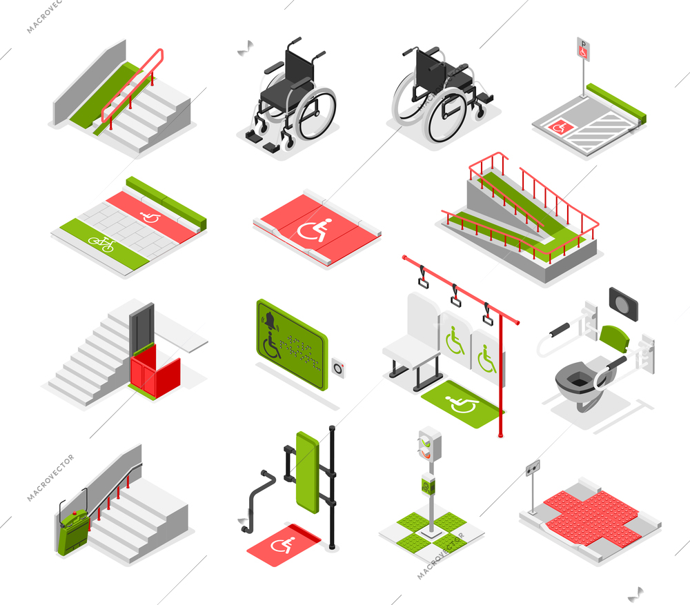 Isometric accessible environment set with wheelchairs and various places in city equipped with devices for disabled people isolated vector illustration