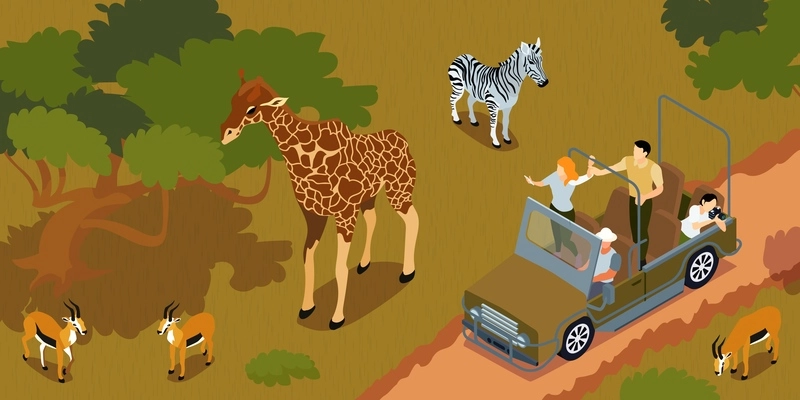 Isometric safari horizontal composition with view of tourists group riding in car watching wild animals nature vector illustration
