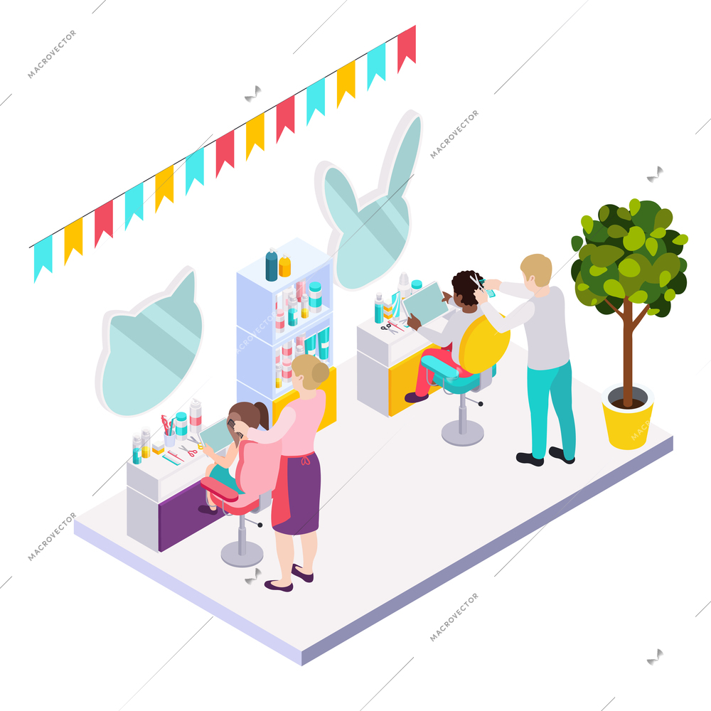 Children hairdresser beauty salon isometric composition with people at workplaces with animal shaped mirrors and furniture vector illustration