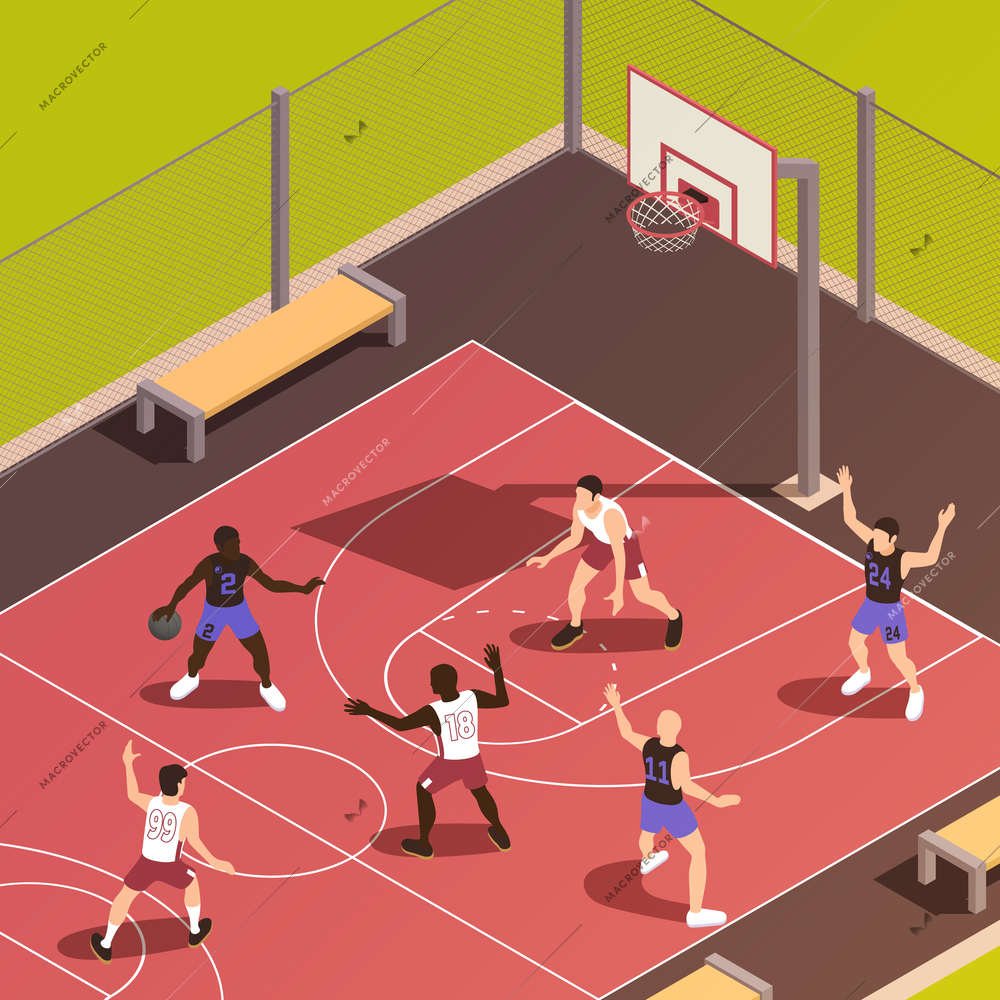 Basketball isometric composition with outdoor view of basketball court with characters of team members and benches vector illustration