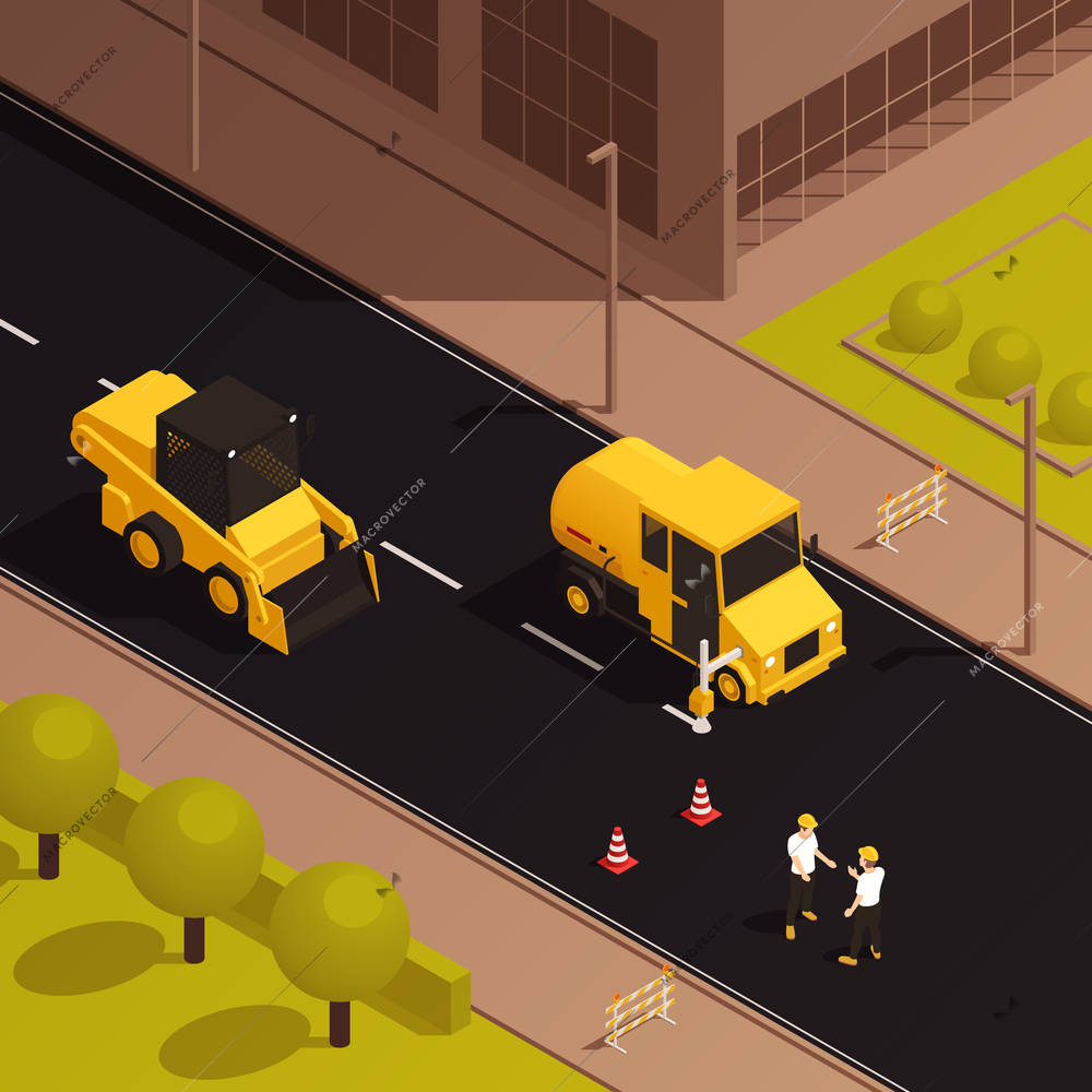 Road construction isometric composition with outdoor view of city street with pavement and newly built roadway vector illustration