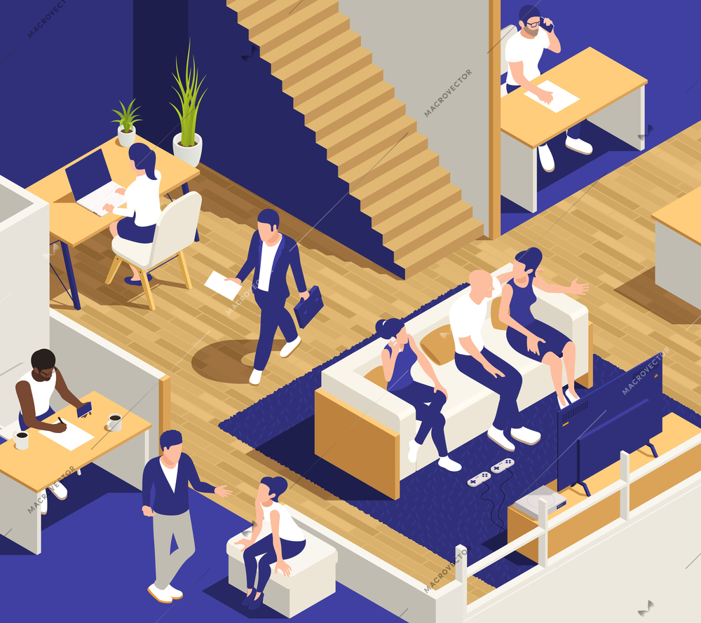 Sitting people isometric composition with indoor scenery of coworking office with human characters and various furniture vector illustration