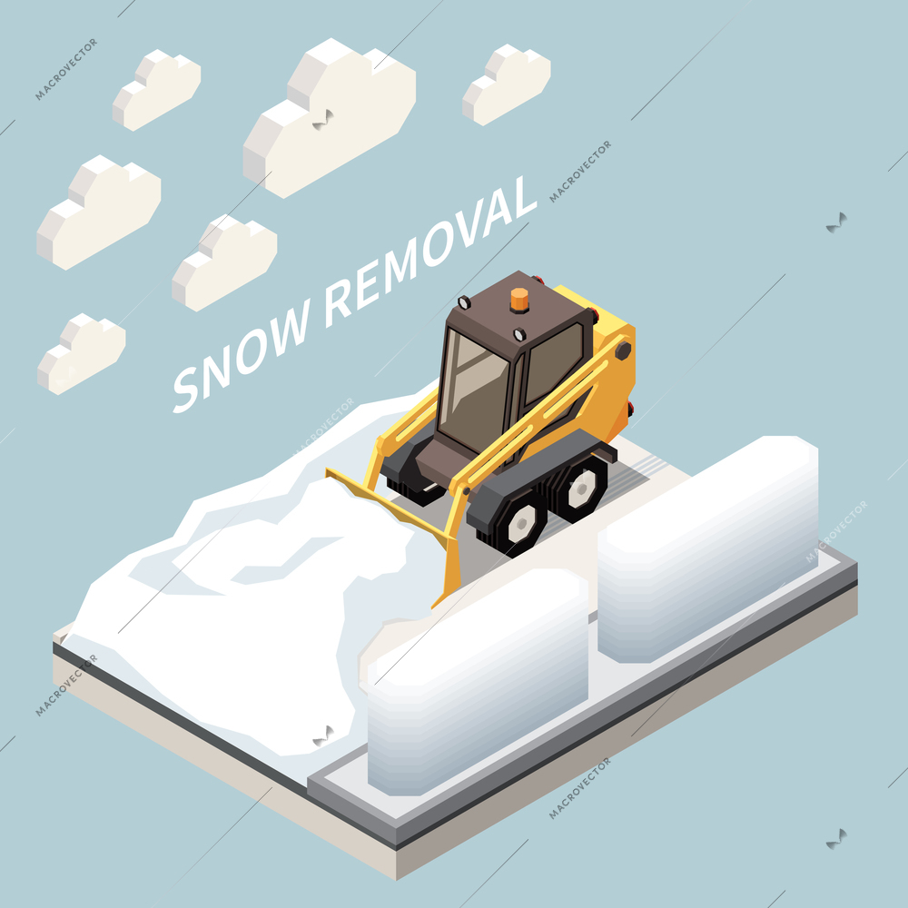 Streets cleaning machinery snowplow blade caterpillar tractor removing snow from winter city roads isometric element vector illustration