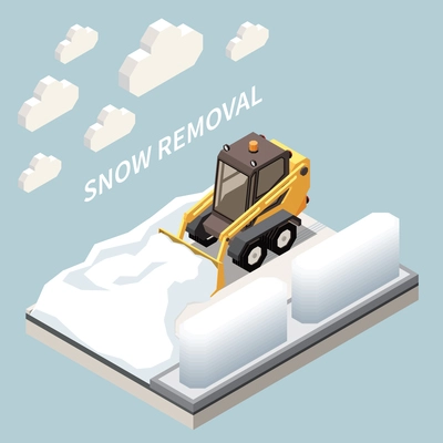 Streets cleaning machinery snowplow blade caterpillar tractor removing snow from winter city roads isometric element vector illustration