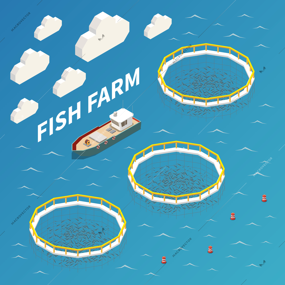 Industrial fish farming isometric background composition with fishing vessel open pen sea cages seafood production vector illustration