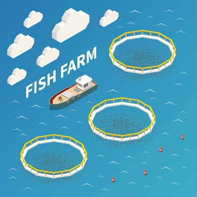 Industrial fish farming isometric background composition with fishing vessel open pen sea cages seafood production vector illustration