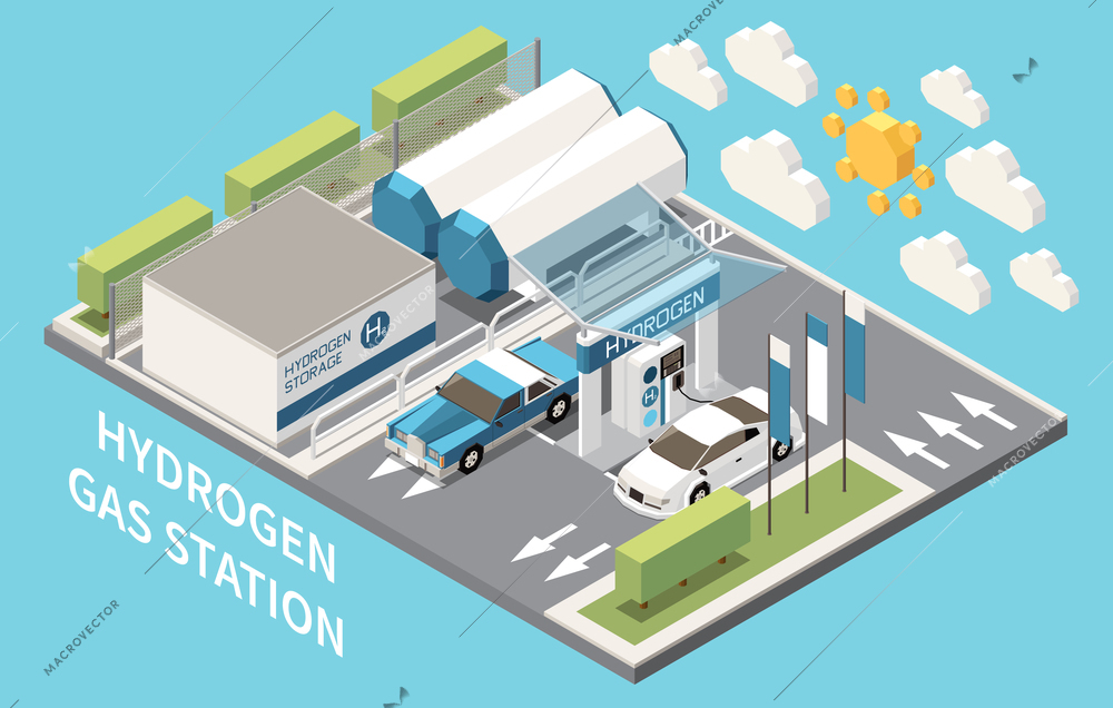 Green sustainable hydrogen energy gas fueling station isometric composition with storage tanks refueling cars trucks vector illustration