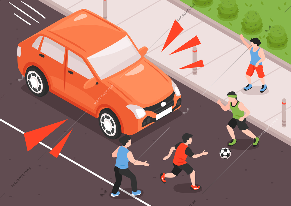 Isometric children safety composition with outdoor scenery and kids playing football on roadway with moving car vector illustration