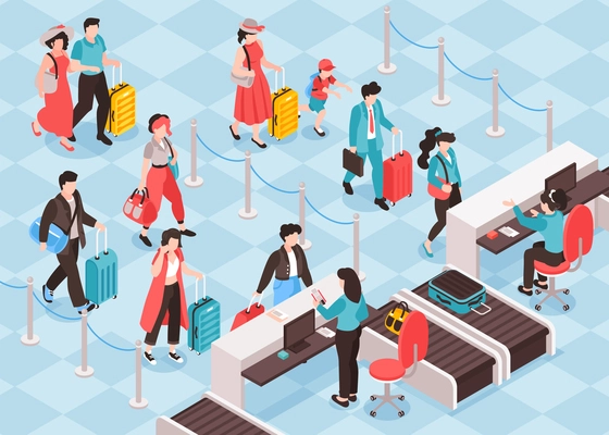 Isometric travel people airport composition with view of queue for registration check in counters with baggage vector illustration