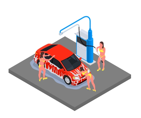 Car wash isometric colored composition three girls in yellow bikinis working at the car wash vector illustration