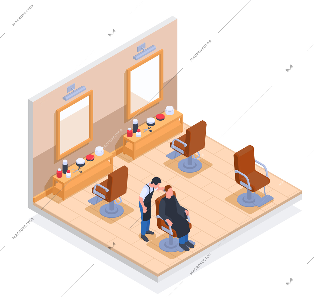 Small business owner family business isometric composition premises of hairdresser or beauty salon for four places vector illustration