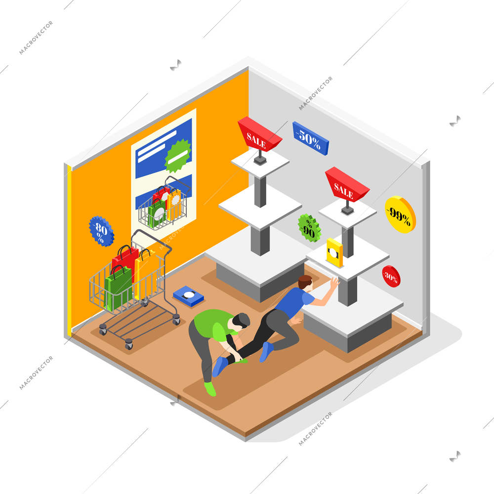 Black friday isometric vector illustration with two buyers trying to take possession of last purchase in empty store