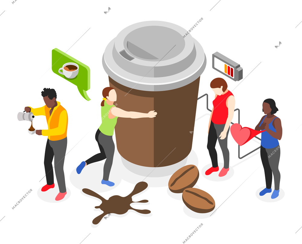 Coffee isometric design concept with small people characters around big paper cup of coffee vector illustration