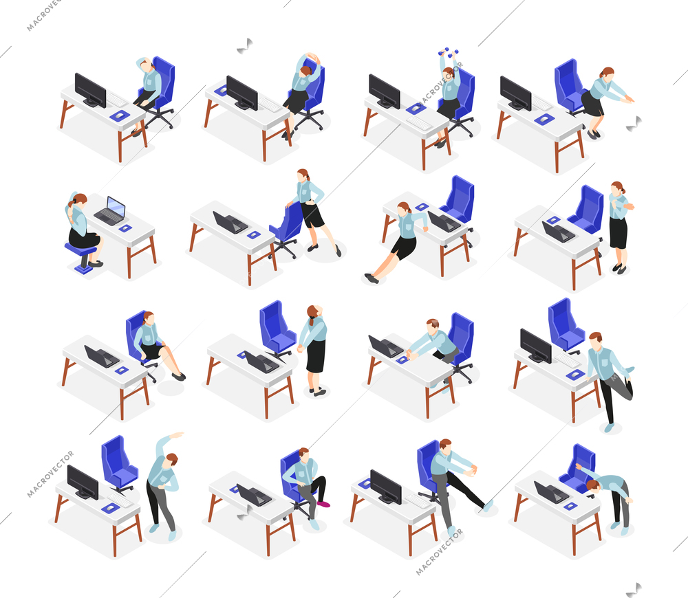 Office stretches isometric icons with employees doing exercises sitting and standing at their workplace isolated vector illustration