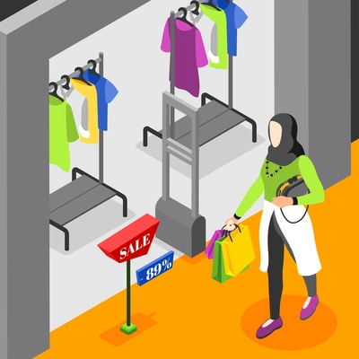 Black friday isometric background with modern woman in hijab visiting clothing store for shopping vector illustration